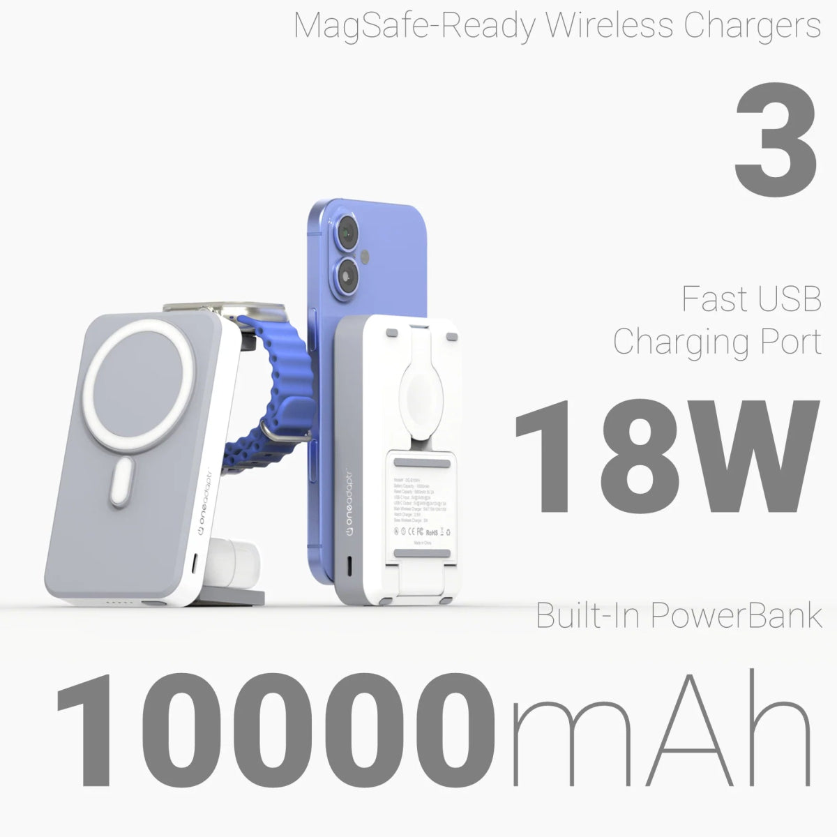 OneAdaptr OneGo 5 - In - 1 Magnetic Wireless Charging Stand with PowerBank (10,000mAH) - Ante ShopOneAdaptr836528008392OG - B10GY