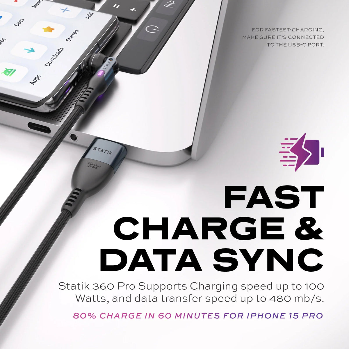 Statik® 360 Pro 100W Charging | 480mbps Transfer - Ante ShopStatikCables810024055142PUP - 0520 - 3FT