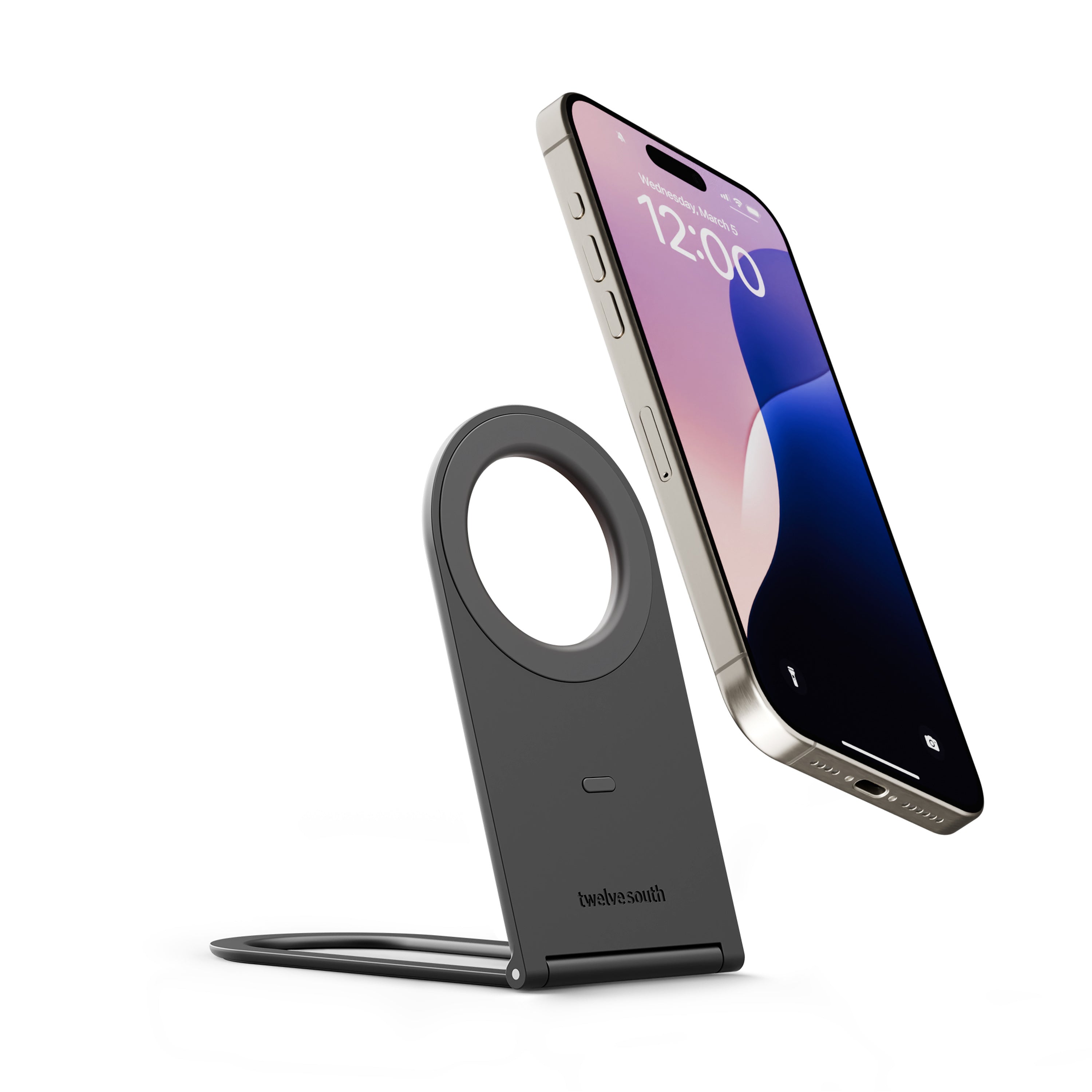 Twelve South Curve Nano | Pocket-sized, fold-flat magnetic stand that holds your Qi2 and MagSafe compatible phone at the perfect angle