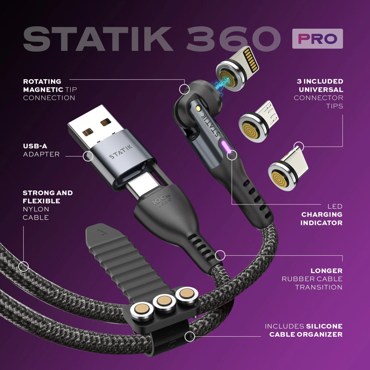Statik® 360 Pro 100W Charging | 480mbps Transfer - Ante ShopStatikCables810024055142PUP - 0520 - 3FT