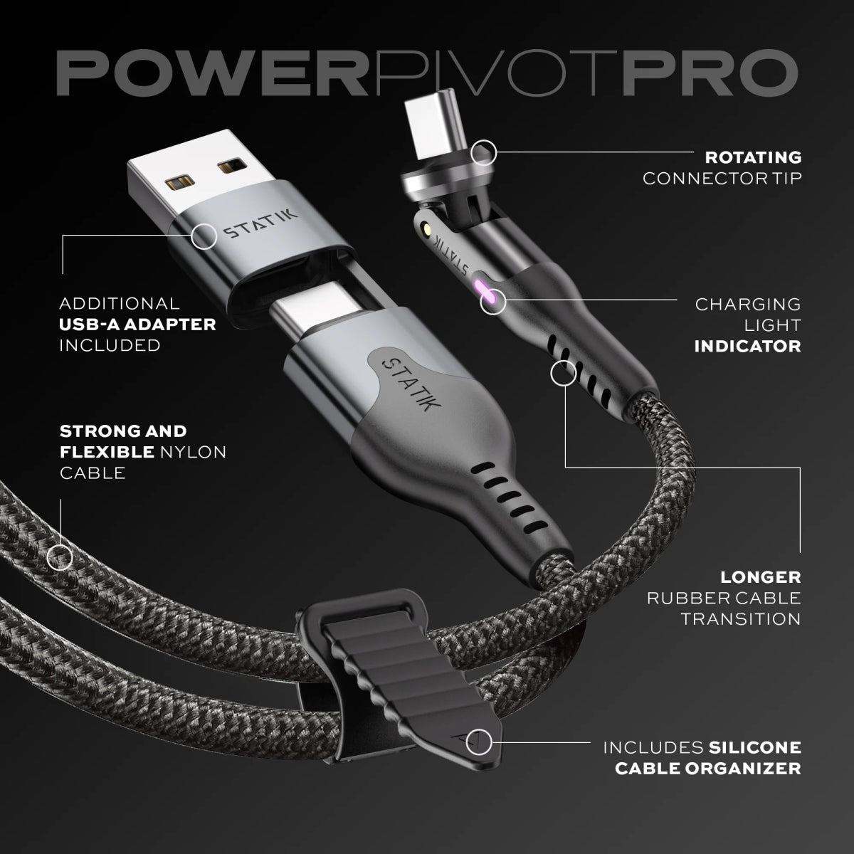 Statik PowerPivot® Pro Fast Charge & Sync | Rotating Tip - Ante ShopStatikCables810024055548PUP - 0455 - 3FT - CC - BLK